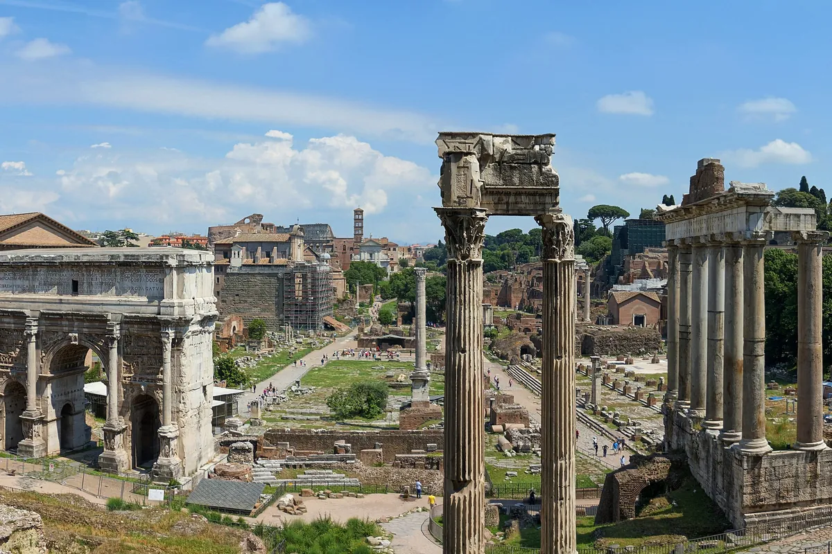 Ruins of temples and columns in the Roman Forum